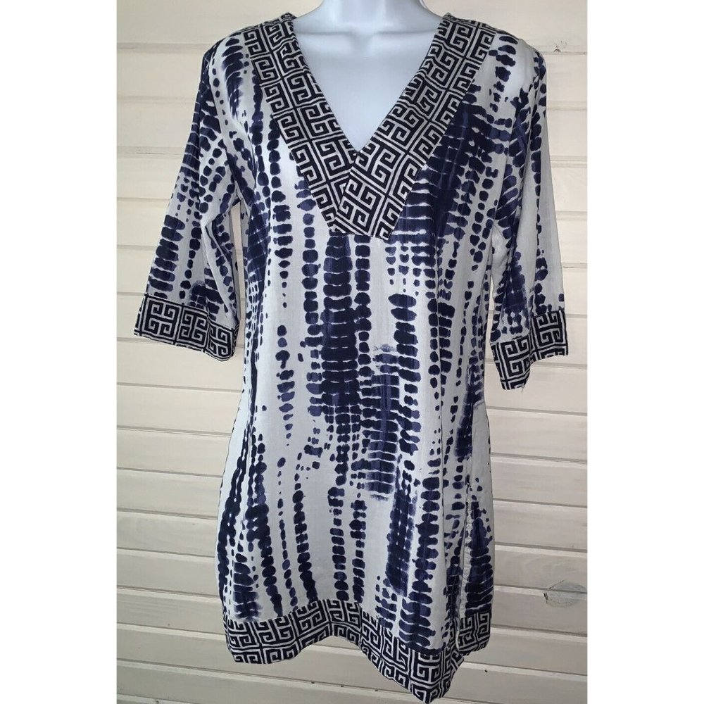 Cypress Sz SMALL Tunic Blue White Tie Dye 100% Cotton Artsy V-Neck EUC